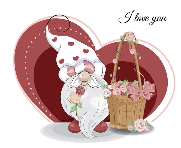 Valentines Day Card Cute Basket Flower Roses Gnome Picture Hand — 스톡 벡터