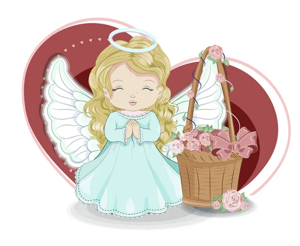 Valentines Day Card Cute Basket Flower Roses Blomde Girl Angel — Stock vektor