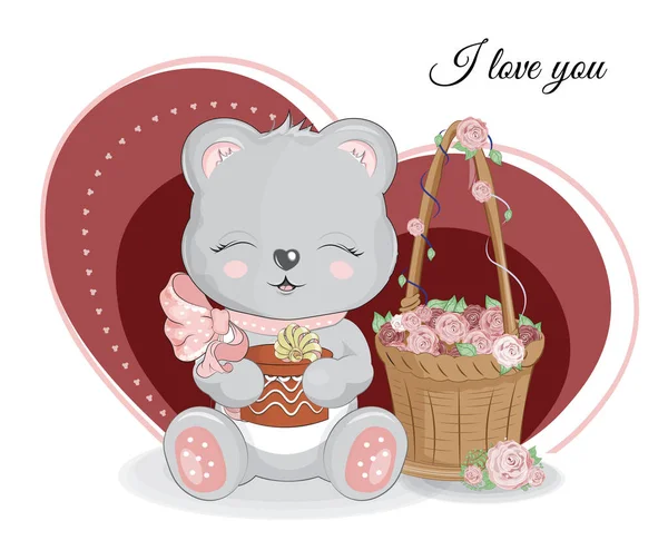 Valentines Day Card Cute Basket Flower Roses Teddy Besr Picture — 스톡 벡터