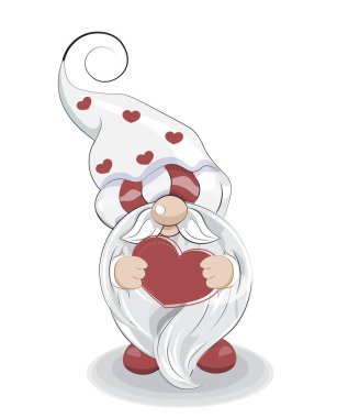 Sevgililer Günü kartı, yürekli şirin cüce, elinde resim, selamlama için çizgi film tarzı. Kartpostal