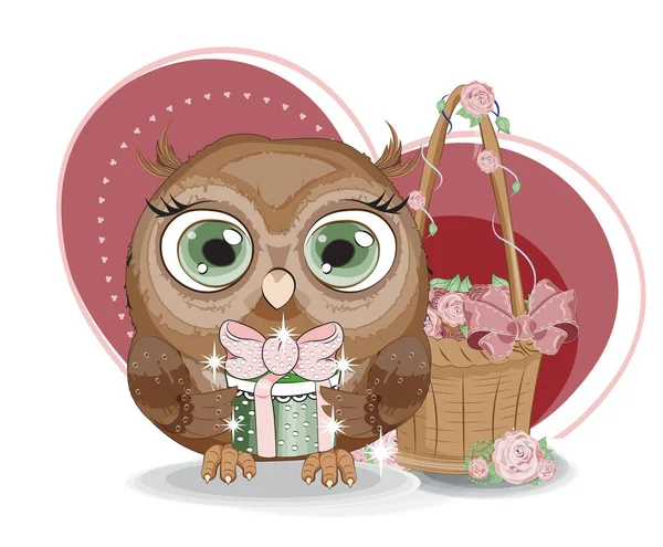 Valentines Day Card Cute Basket Flower Roses Girl Owl Gift — Stock Vector