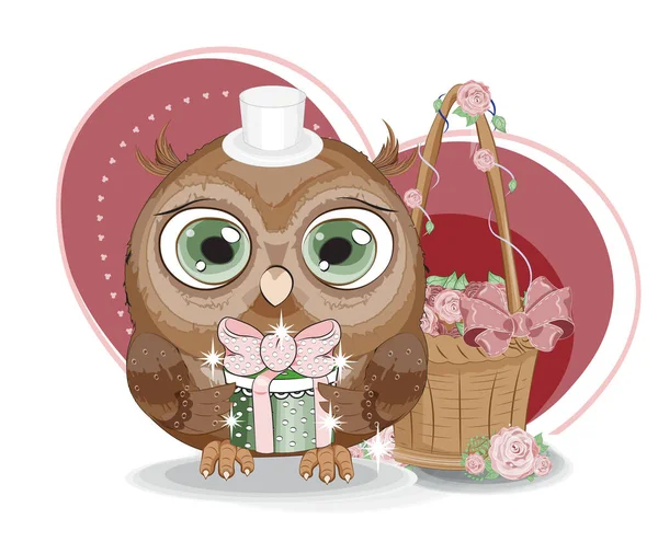 Valentines Day Card Cute Basket Flower Roses Boy Owl Cap — Stock Vector