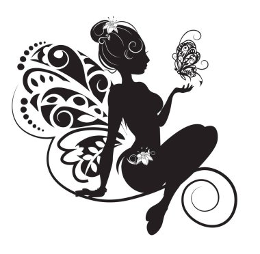 fairy silhouette and butterfly, black and white, picture in hand drawing cartoon style for t-shirt wear fashion print design, greeting card, postcard. baby shower. party invitation