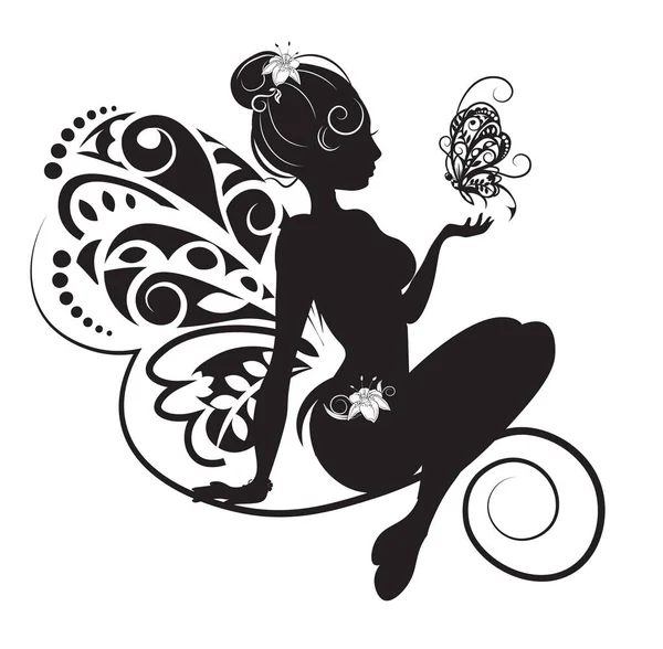 Fairy Silhouette Butterfly Black White Picture Hand Drawing Cartoon Style — Archivo Imágenes Vectoriales