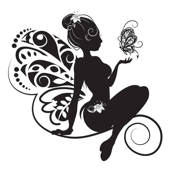 fairy silhouette and butterfly, black and white, picture in hand drawing cartoon style for t-shirt wear fashion print design, greeting card, postcard. baby shower. party invitation