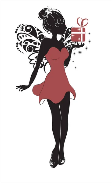 Silueta Hadas Con Cardy Regalo Negro Blanco Rojo Imagen Mano — Vector de stock