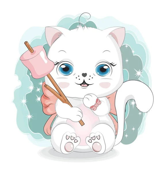 Chica Gato Blanco Feliz Gatito Con Lazo Malvaviscos Palo Imagen — Vector de stock