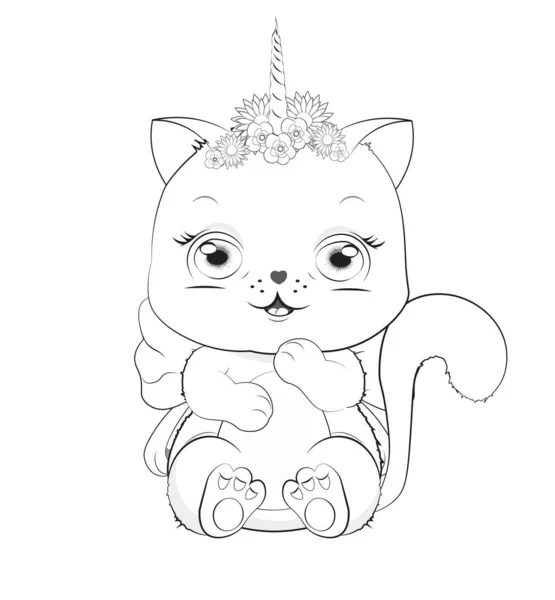 Coloring Book White Cat Girl Kitten Bow Unicorn Horn Picture — Stock Vector