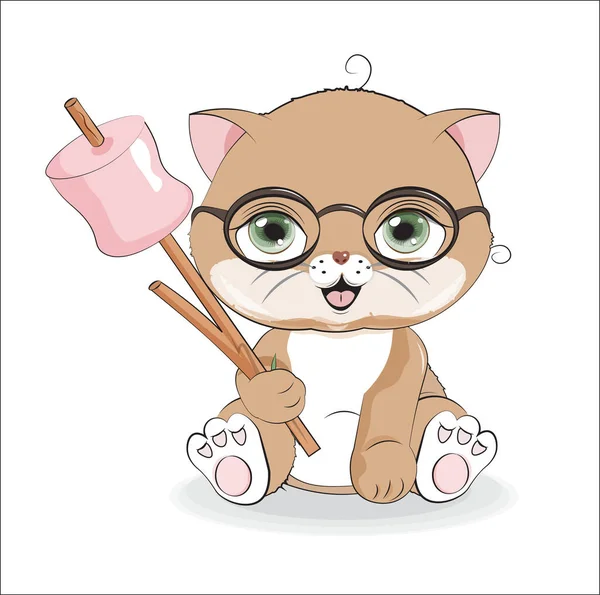 Kat Bril Met Marshmallows Stok Foto Hand Tekening Cartoon Stijl — Stockvector