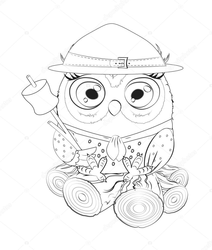 Coloring book Cute vector owl scout in hat with marshmallows on stick on logs, picture in hand drawing style, for t-shirt wear fashion print design, greeting card, postcard. party invitation