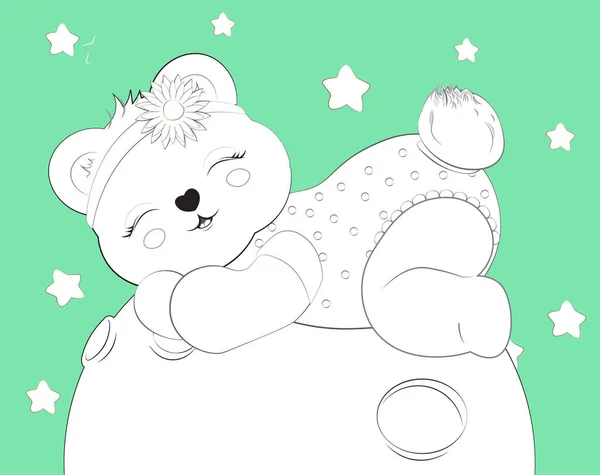 Kleurboek Slapend Meisje Baby Teddybeer Maan Afbeelding Handtekenstijl Voor Babyshower — Stockvector