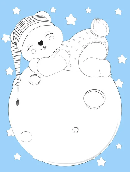 Libro Colorare Bambino Dormiente Orsacchiotto Sulla Luna Berretto Righe Immagine — Vettoriale Stock