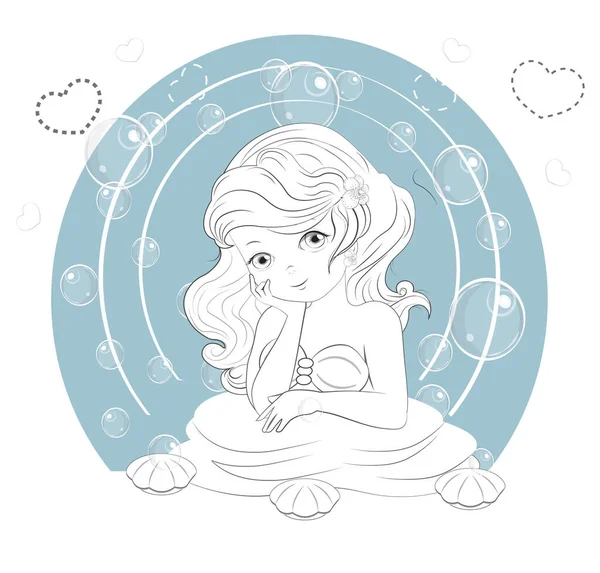 Coloring Book Beautiful Charming Little Mermaid Princess Picture Hand Drawing — Stock Vector