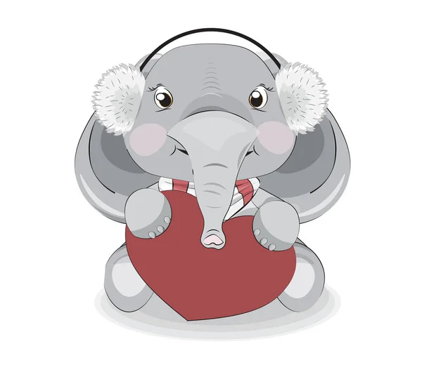 Drawn Baby Elephant Headphones Heart Picture Hand Drawing Cartoon Style — Διανυσματικό Αρχείο