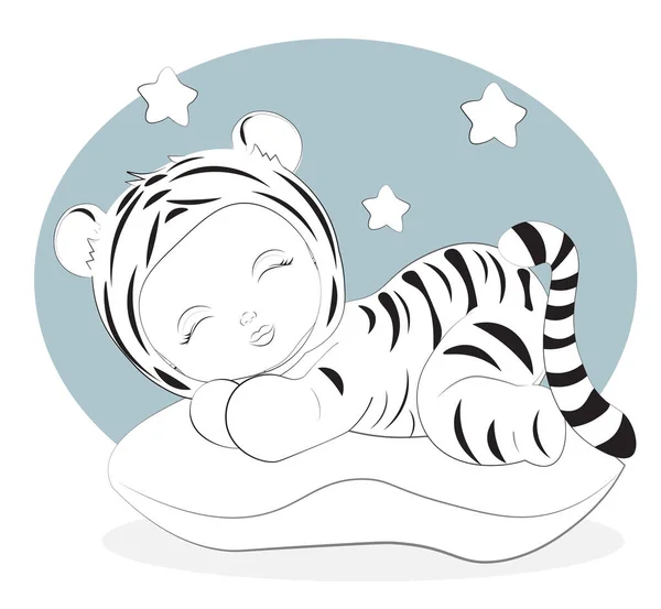 Livre Colorier Nouveau Tigre Endormi Bébé Peluche Pyjama Vêtements Nuit — Image vectorielle