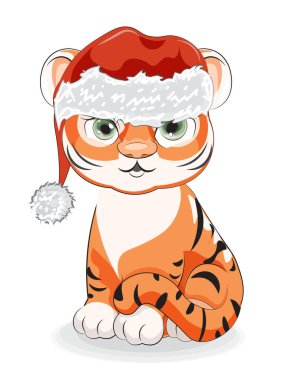 Noel Baba şapkası sembolü 2022, 2034 yılbaşı, karikatür tarzı resim, tişört desenli tasarım, tebrik kartı, kartpostal. Bebek partisi. parti daveti