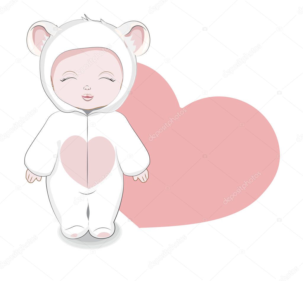 baby in teddy bear Jumpsuit, One Piece Pajamas, picture in hand drawing cartoon style, for t-shirt wear fashion print design, greeting card, postcard. baby shower. party invitation