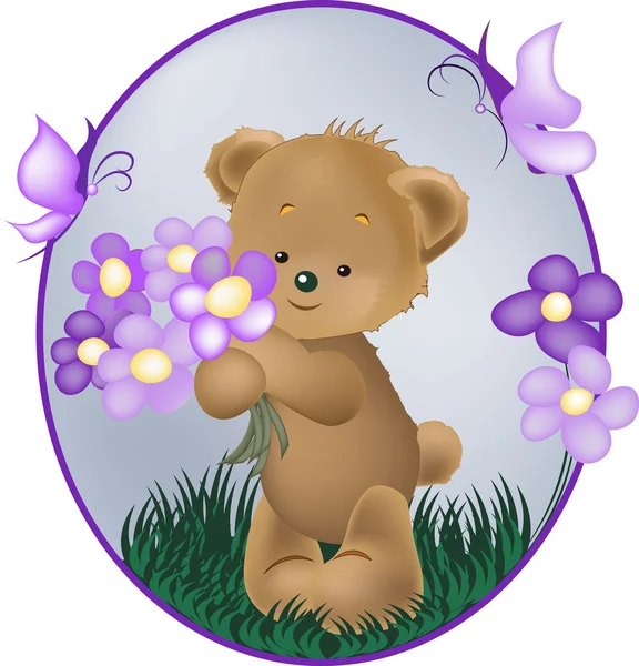 Teddybären mit lila Blume — Stockvektor
