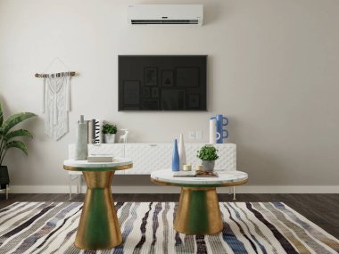 Koltuk ve dizayn lambası, doğal oturma odasında, duvarda bitki ve resimler, kollu sandalye ve lamba tasarımı. 