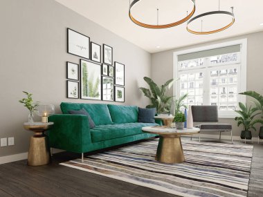 Koltuk ve dizayn lambası, doğal oturma odasında, duvarda bitki ve resimler, kollu sandalye ve lamba tasarımı. 