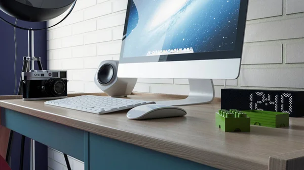 Close-up of tidy workspace with notebooks, floral poster, computer,speaker,clock