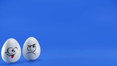 white egg face cartoon model with navy blue background .