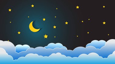 Yıldızlı ve aylı gece gökyüzü. Kağıt sanatı. Bulutlu bir gecede yıldızlı hilal ayının taşıyıcısı. Ay ve yıldızların arka planı. Vektör EPS 10.