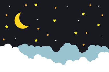 Yıldızlı ve aylı gece gökyüzü. Kağıt sanat tarzı. Bulutlu bir gecede yıldızlı hilal bir ayın taşıyıcısı. Ay ve yıldızların arkaplanı..