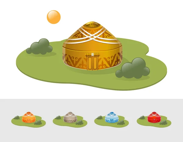 Conjunto Yurts Pasto Primavera Paisagem Ilustração Vetorial —  Vetores de Stock