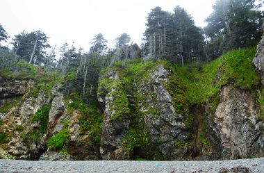 Sakhalin Adası, Okhotsk Denizi kıyısında kayalık kıyılar.