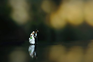 Minyatür düğün konsepti. Gelin ve damat parlak bir zeminde çift yüzüğüyle yürüyor.