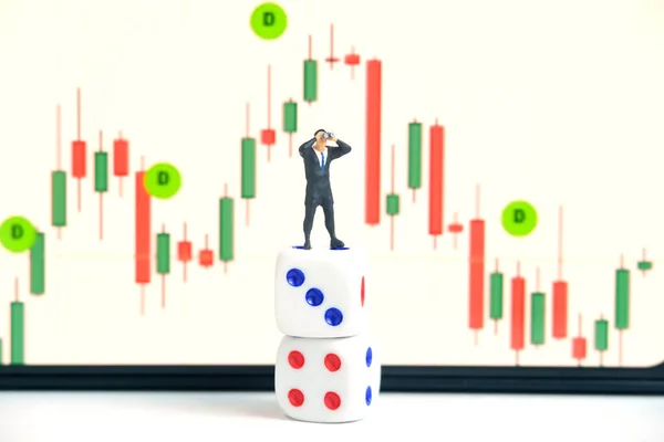 Businessman Using Binoculars Standing Dice Investing Stock Market Analyzing Candle — Stock Photo, Image