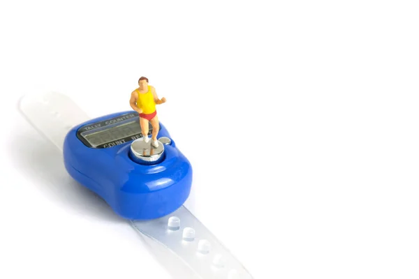Miniaturmenschen Spielzeugfiguren Fotografie Verfolgen Sie Gesunde Aktivität Konzept Ein Dicker — Stockfoto