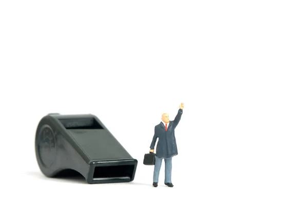 Miniatyr Människor Leksak Figur Fotografi Visselblåsarkoncept Affärsman Som Står Framför — Stockfoto