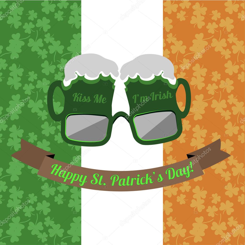 Beer glasses Kiss Me Im Irish for Saint Patricks Day on the Irish flag background