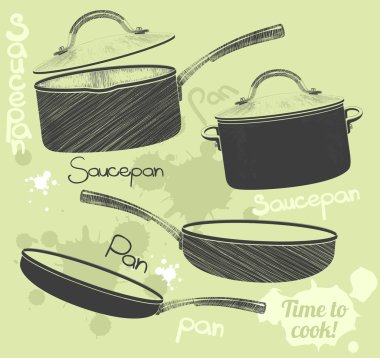 Pans and pots realistic set with frying pan saucepan and bowl clipart