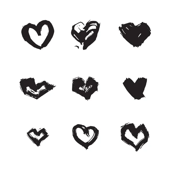 Set di simboli del cuore con inchiostro disegnato a mano. astratto vettore nero testurizzato isolato spazzola cuore — Vettoriale Stock