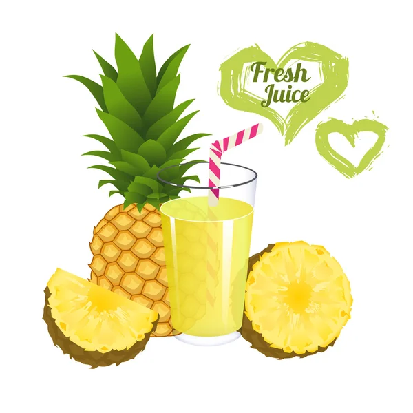 Pineapple juice isolated on white background. Glass of fresh ananas juice vector — Stock Vector