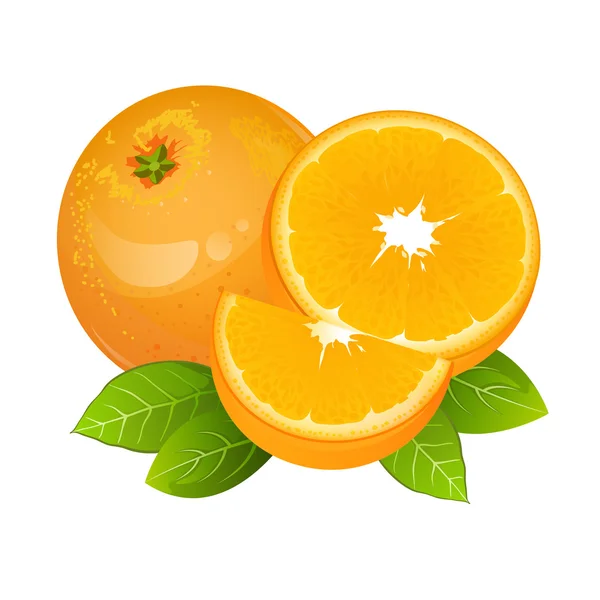 Orange slice fruit icon vector set. Realistic juicy orange with leaves isolated — Stock Vector