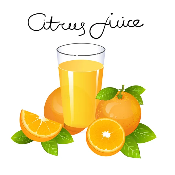 Sumo de laranja com vetor de fatia de fruta. Laranja suculenta realista com folhas isoladas —  Vetores de Stock