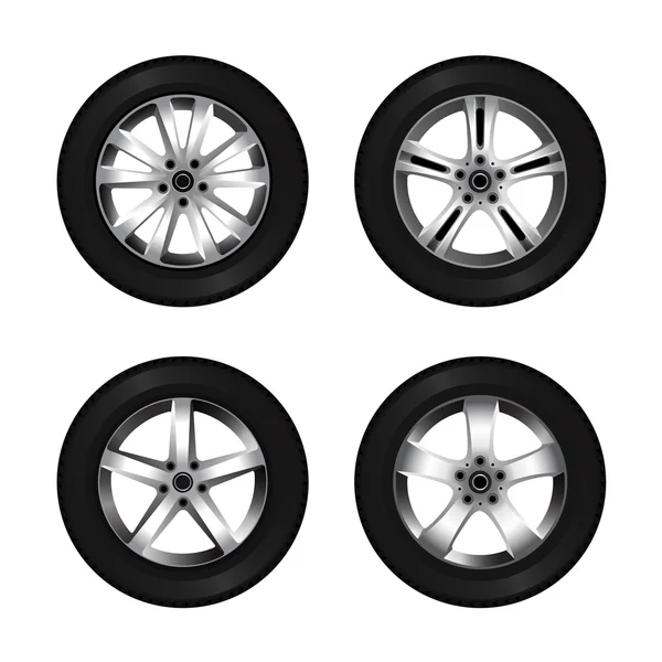 Wheel and tire set for transport or service design. Shining car disk isolated. — Stock Vector