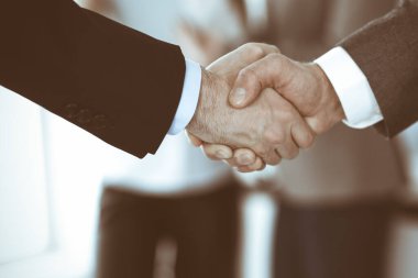 İş adamları toplantıdan ya da pazarlıktan sonra iş arkadaşlarıyla el sıkışıyorlar. Yakın plan. Modern ofisteki bir grup tanınmamış iş adamı ve kadın. Takım çalışması, ortaklık ve tokalaşma