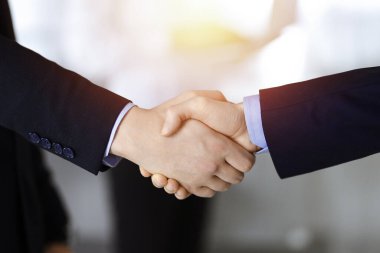 İş adamları toplantıda ya da pazarlıkta el sıkışıyor, yakın plan. Bir grup tanınmamış iş adamı ve bir kadın güneşli bir modern ofiste bir arada duruyorlar. Takım çalışması, ortaklık ve el sıkışma kavramı