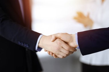 İş adamları toplantıda ya da pazarlıkta el sıkışıyor, yakın plan. Bir grup tanınmamış iş adamı ve bir kadın güneşli bir modern ofiste bir arada duruyorlar. Takım çalışması, ortaklık ve el sıkışma kavramı