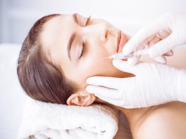 Güzellik uzmanı güneşli spa merkezinde genç esmer bir kadının yüzüne şırıngayla güzellik prosedürü uyguluyor. Kozmetik ilaç ve ameliyat, güzellik iğneleri.