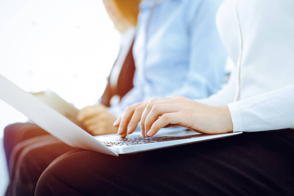 Group of diverse business people working in office, close-up. Woman working with laptop. Conference, meeting or training concepts