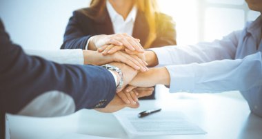 İş dünyası ekibi güneşli ofiste ellerini birleştiriyor. El ele tutuşan ve arkadaşlık, takım çalışması ve ortaklık kavramını temsil eden bir grup insan