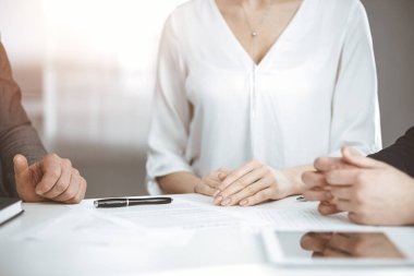 Yaşlı işadamı ve bir grup iş adamı güneşli ofiste sözleşmeyi tartışıyorlar.
