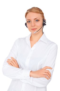 Destek telefonu operatörü sarışın kız kulaklık,,