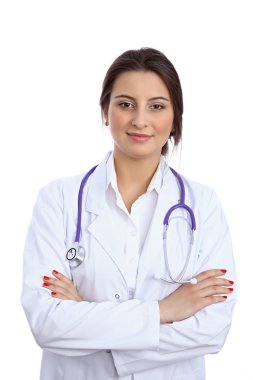 Dost gülümseyen genç kadın doktor boşaltmak alan, izole gösterilen